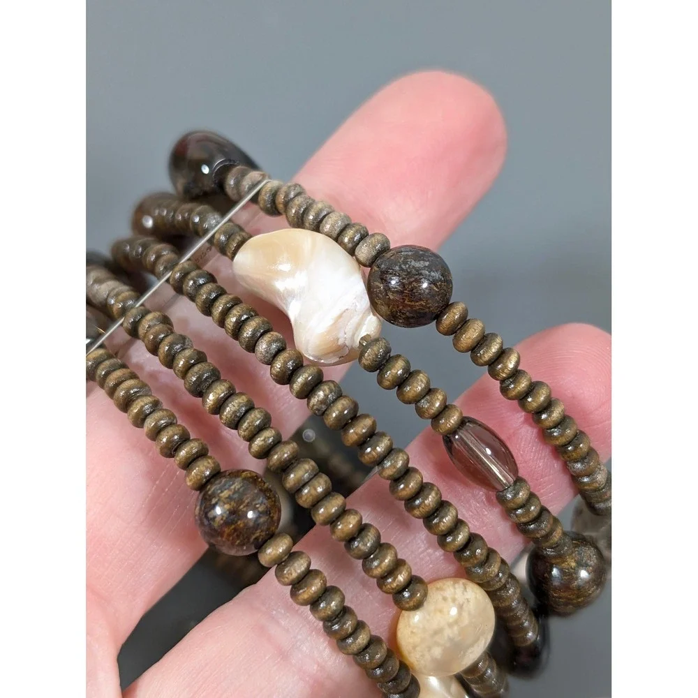 Wide Brown Beaded Cuff Bracelet Wood Shell‎ Glass Flexible Boho